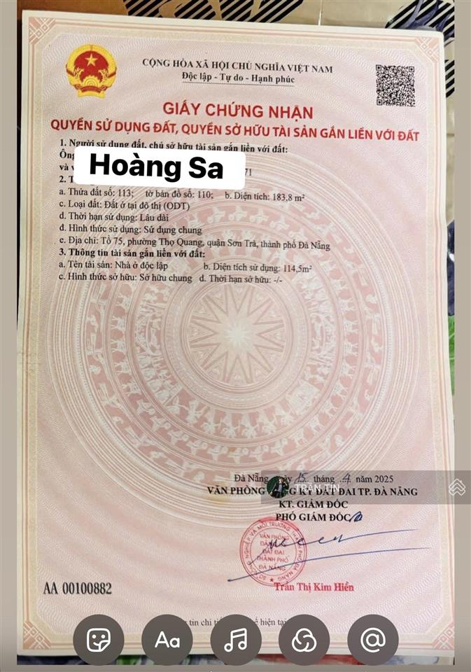 Lô đất đối lưng đường hoàng sa. cách biển mân thái chưa tới 30m
