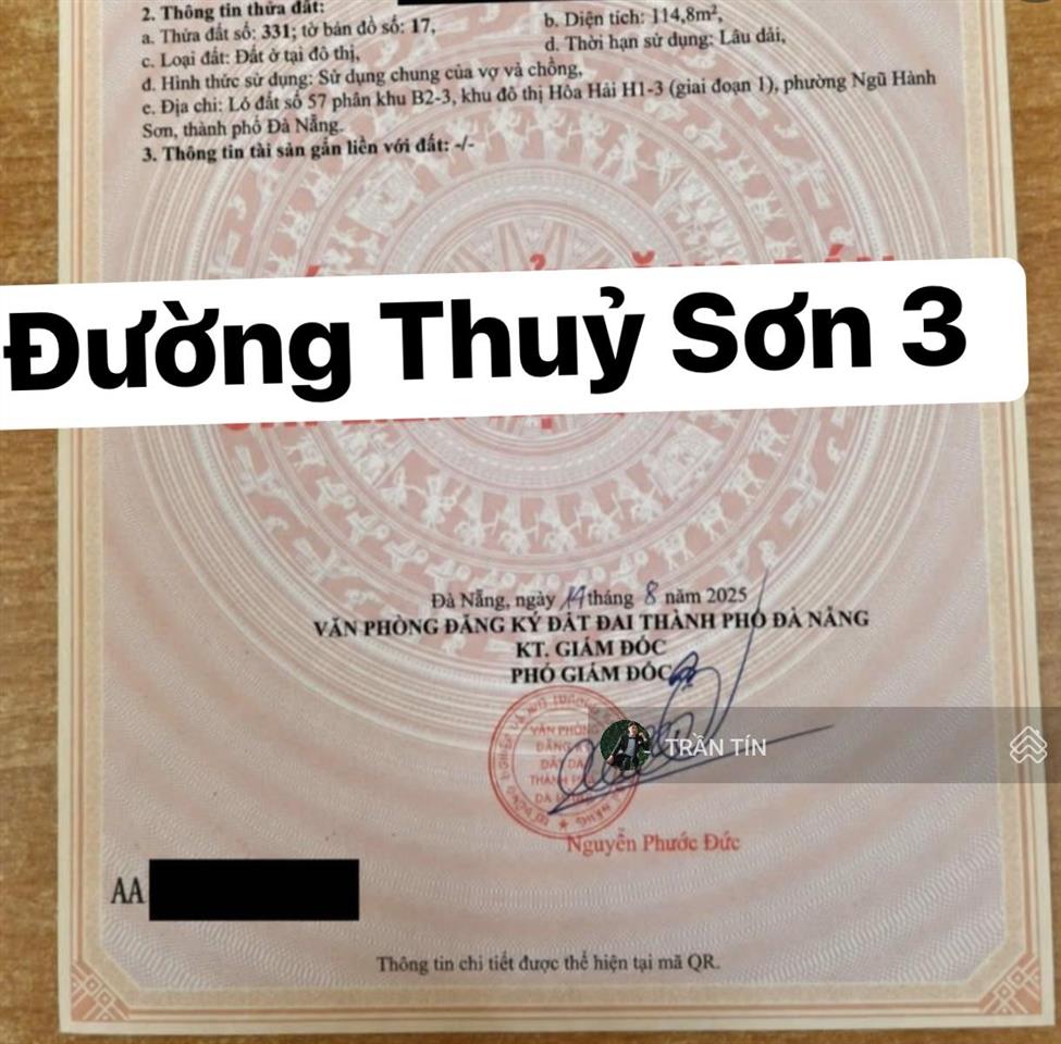 Lô đất mặt tiền đường thuỷ sơn 3. cách bãi tắm sơn thuỷ 300m