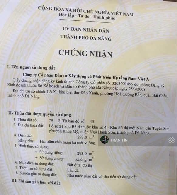Lô góc 2 mặt tiền nam việt á đường bùi tá hán & đoàn khuê. trục đường 15m thông thẳng ra sông hàn
