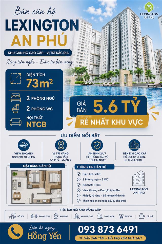 Chỉ 5.450 tỷ  2pn 73m  full nt  lexington quận 2
