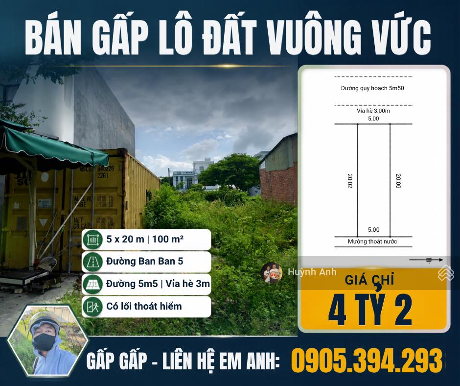 Bán lô đất ban ban 5 100m (5x20) giá chỉ 4 tỷ 2 đường 5,5m vỉa hè 3m 0905 394 ***