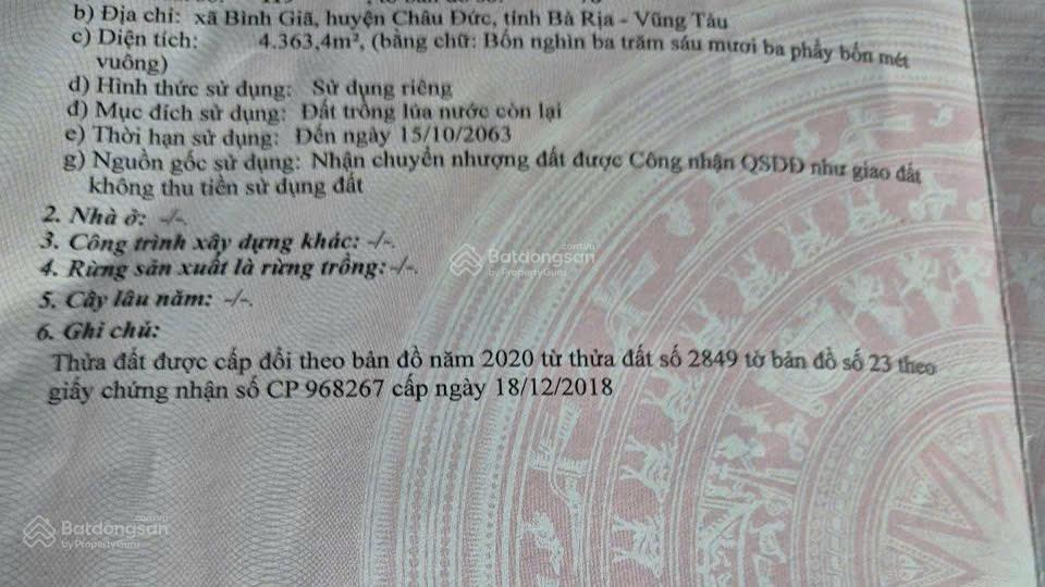 Giảm 4,35 tỷ sở hữu 4363 m2 vườn cây ăn trái tổng hợp tại xã bình giã mặt tiền nhựa view cánh đồng