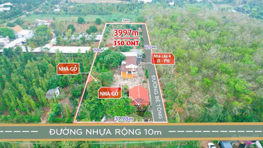 Nhà vườn 4000m2 giá 6,5 tỷ có 350m2 ont có nhà, vườn, nhà gỗ khu dân cư vị trí siêu đẹp giá trị cao