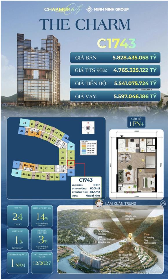 Bán căn 1pn + tầng 17 view biển the charm charmora city giá tốt ck 14%
