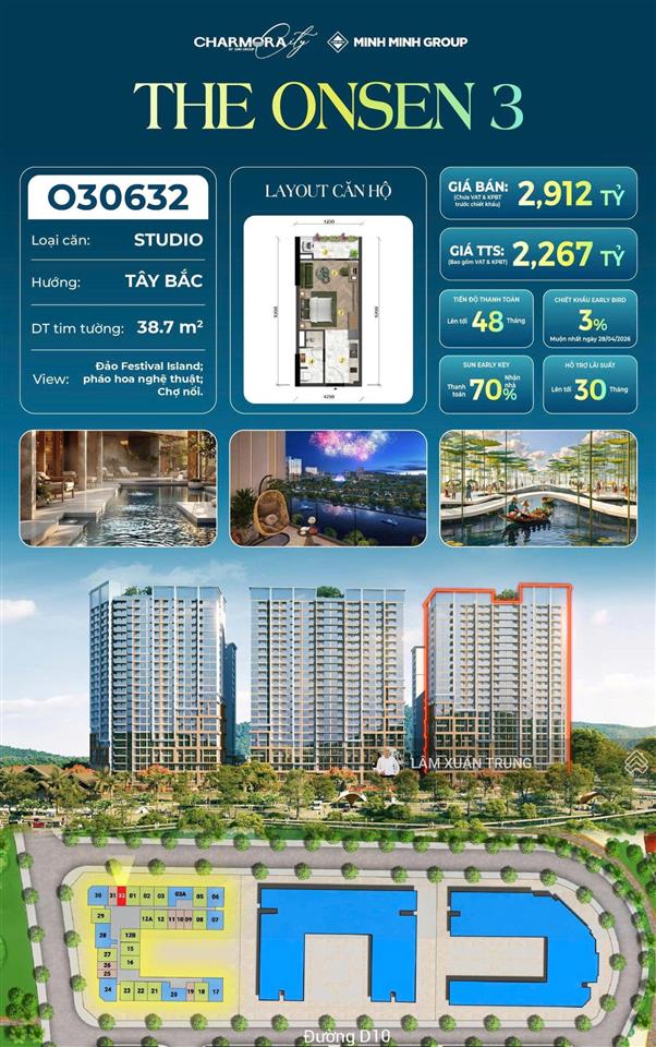 Bán căn studio onsen 3 nha trang view pháo hoa trần cao 3,5m giá f0  2,26 tỷ giỏ hàng độc quyền