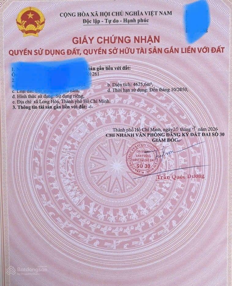 Siêu hot bán đất 4625m2 có 4 triệu / m2 tại lò rèn, xã long hòa, hồ chí minh