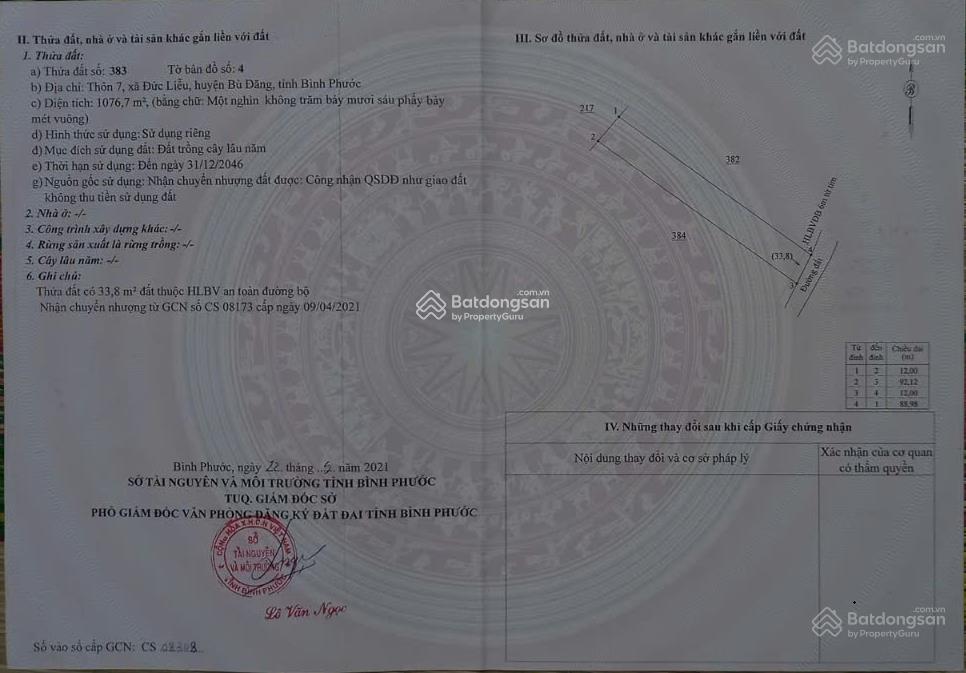 Bán gấp lô đất 1.076,7m², ngang 12m dài 90m quy hoạch khu dân cư, giá 450 triệu