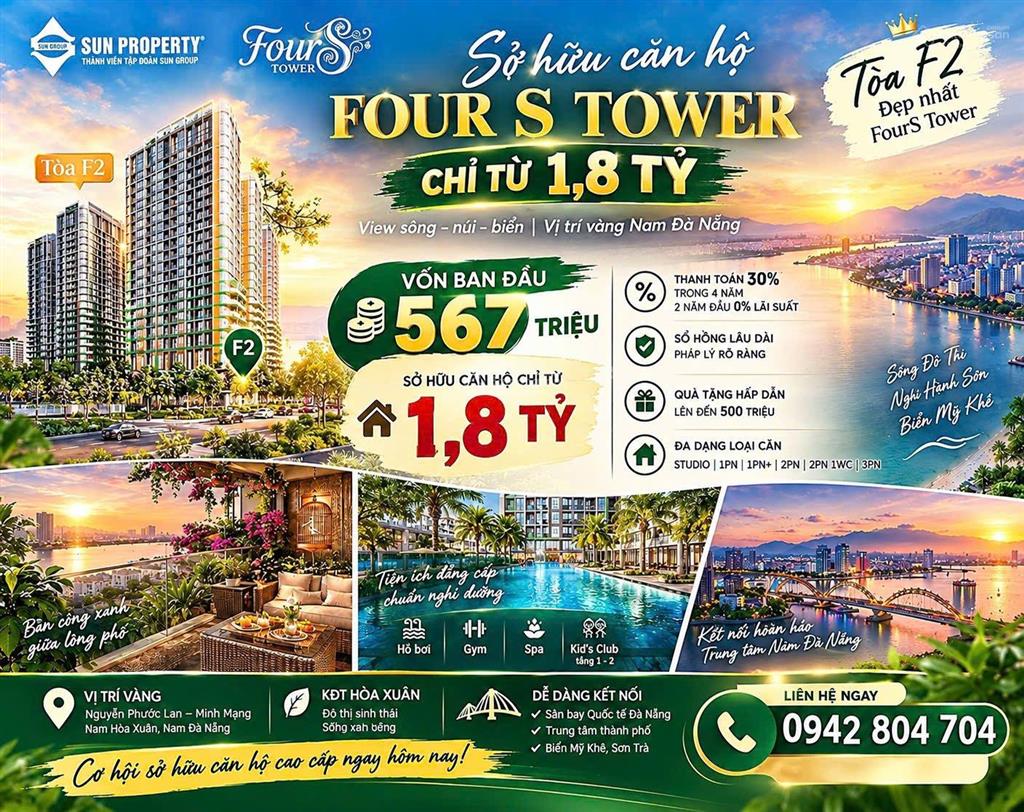 Chỉ từ 1,8 tỷ/căn  sun group mở bán tòa f2 sun fours tower đà nẵng, view sông + biển, giá gốc cđt