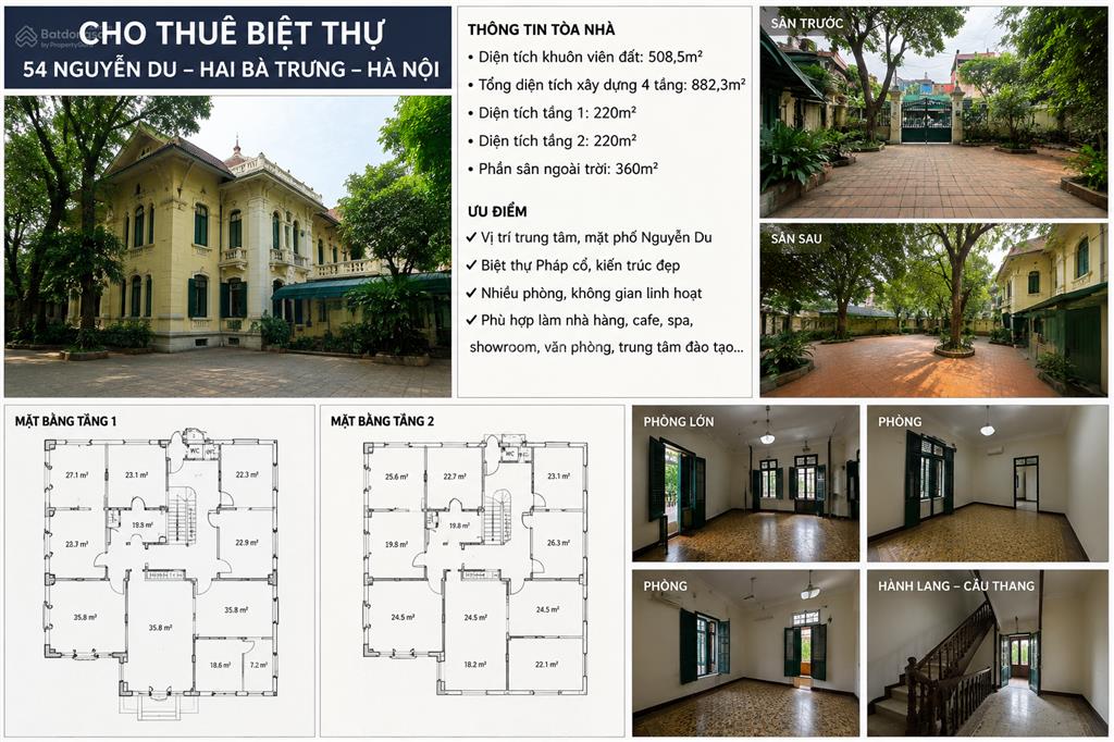 Cho thuê biệt thự cổ nguyễn du, dt đất 508m2, dt xây dựng 882m2 gồm 4 tầng. nhà hàng, cafe, spa...