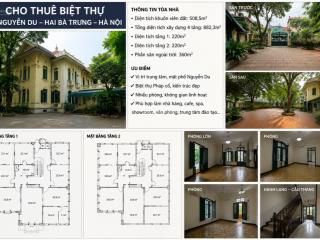 Cho thuê biệt thự cổ nguyễn du, dt đất 508m2, dt xây dựng 882m2 gồm 4 tầng. nhà hàng, cafe, spa...