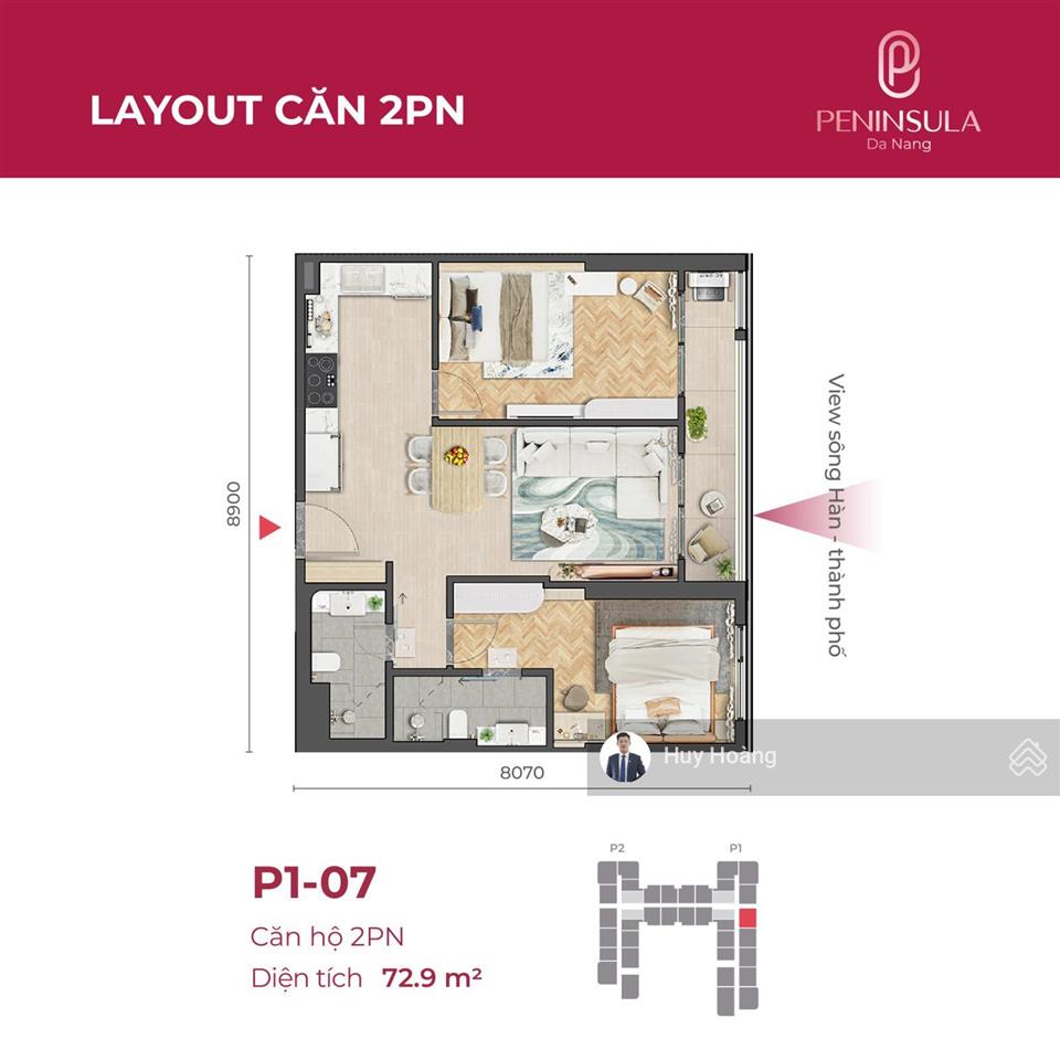 Căn 2pn tầng trung view sông hàn, pháp hoa  trục p1  hướng đông nam  giá 4,7 tỷ!
