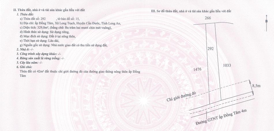 Bán đất ấp đồng tâm long trạch, cần đước full thổ 600m2.