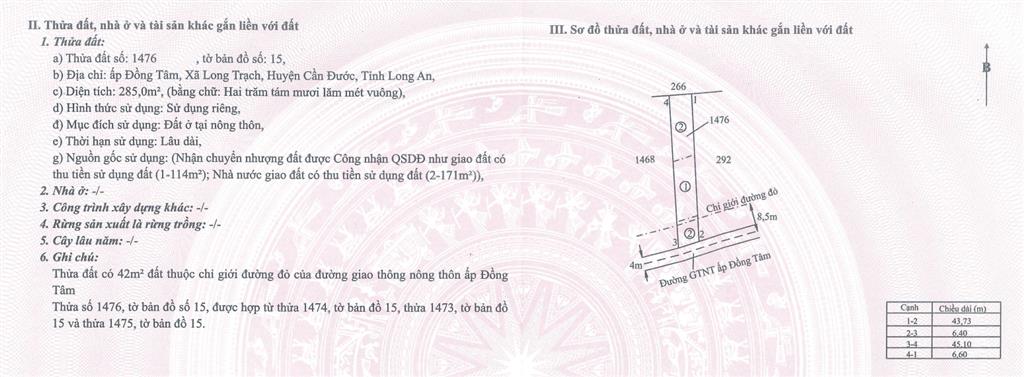 Bán đất ấp đồng tâm long trạch, cần đước full thổ 600m2.