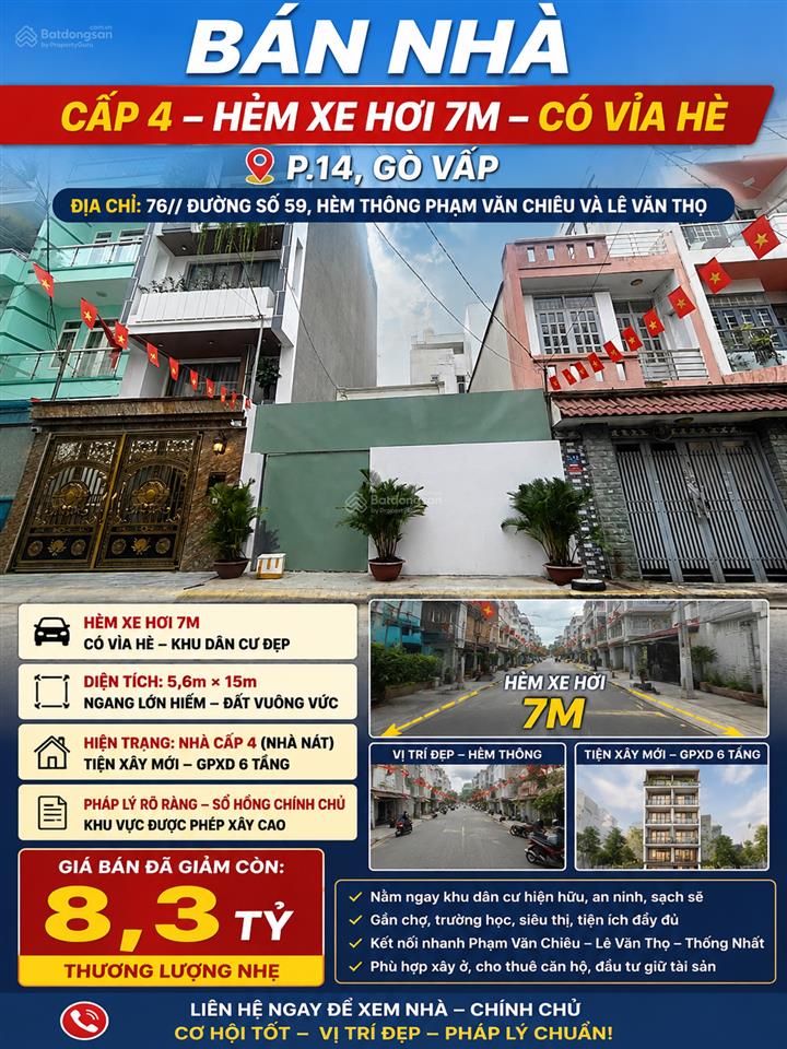 5,6mx16m vuông vức, hxh 76 đ.s 59 phạm văn chiêu, lg 6m xây 6 tầng, khu dân trí hẻm thông, 8 tỷ
