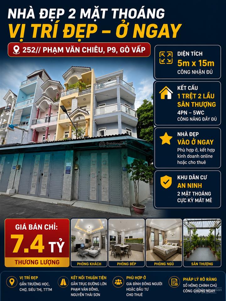 Hot! 2mt hxh p.văn chiêu p9. 5mx15m x 4 tầng 5pn 5wc gara oto chỉ 7.4 tỷ tl