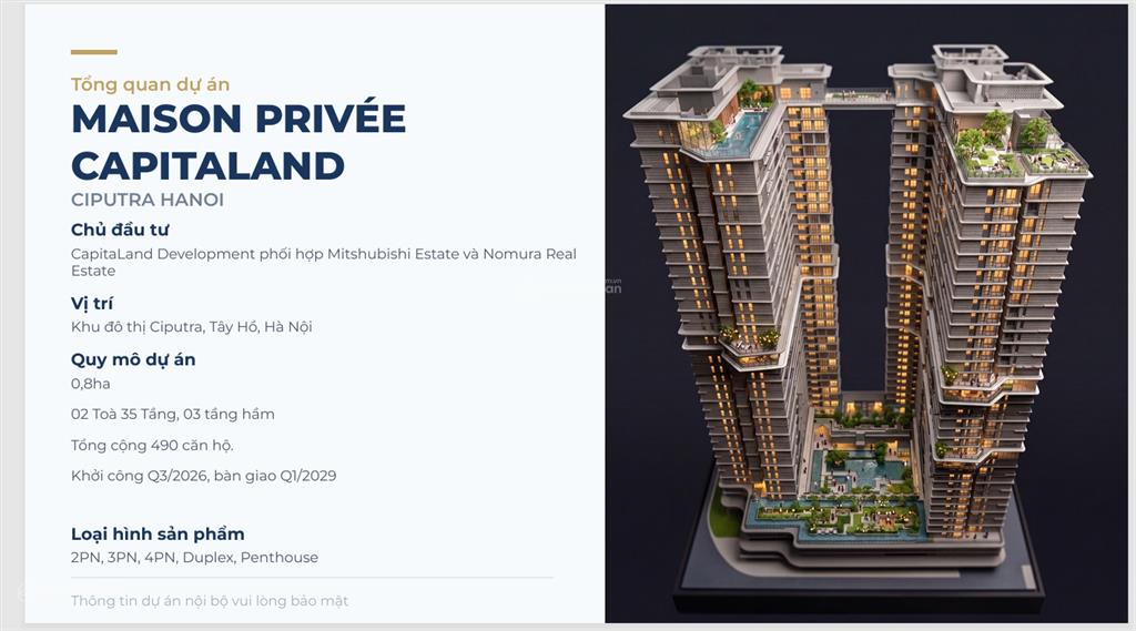 Mở bán dòng căn hộ cao cấp của chủ đầu tư capitaland tại khu đô thị ciputra hồ tây .