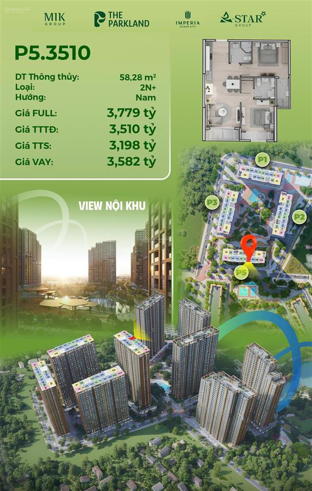 Bán gấp căn hộ 2 ngủ 58m2 rẻ nhất the park land 55tr/m2 ở vin 2