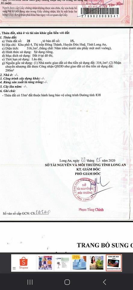 Bán 516m2 full odt, mt đt838 (châu văn liêm), tt đông thành