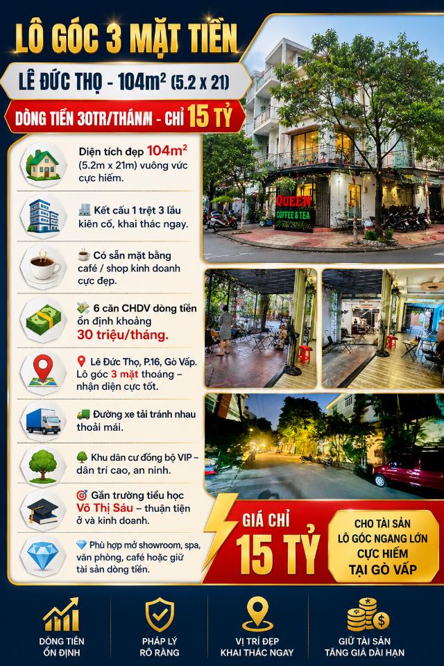 LÔ GÓC 3 MẶT TIỀN LÊ ĐỨC THỌ - 104m² (5.2 x 21) - DÒNG TIỀN 30TR/THÁNH - CHỈ 15 TỶ