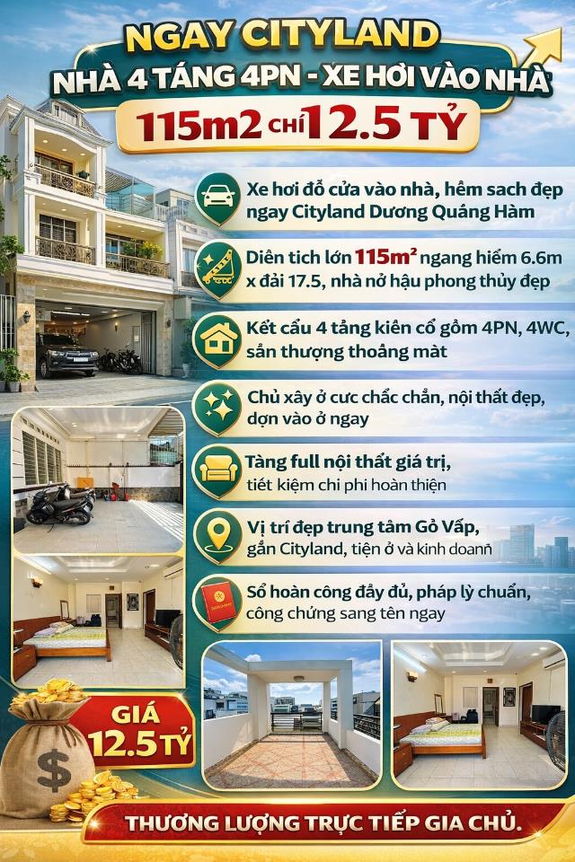 NGAY CITYLAND - NHÀ 4 TẦNG 4PN - XE HƠI VÀO NHÀ - 115m2 CHỈ 12.5 TỶ
