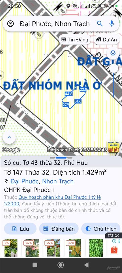 Bán đất phú hữu, 2,9 tỷ, 1429m2, thuộc nhóm đất ở phân khu đại phước 1