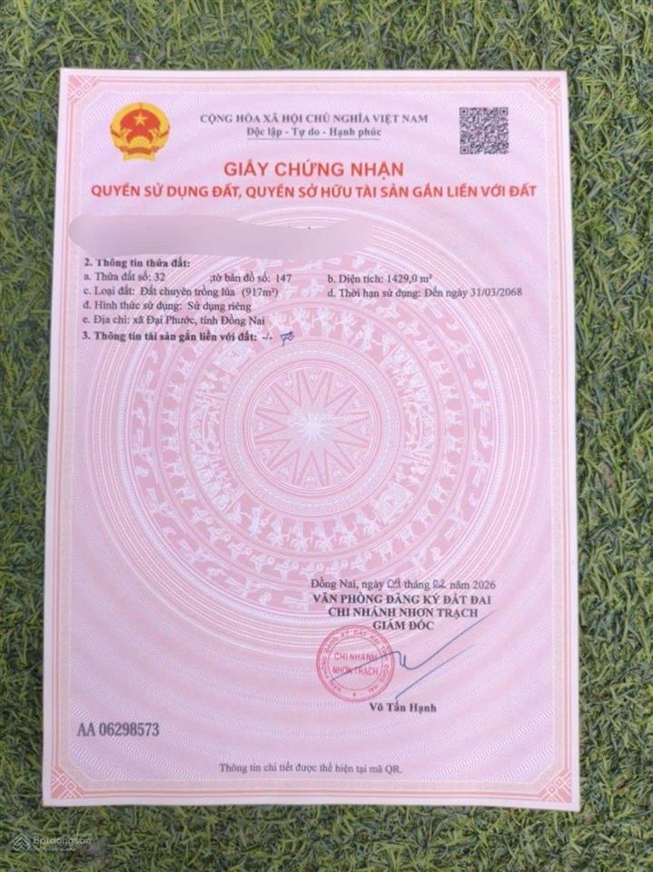 Bán đất phú hữu, 2,9 tỷ, 1429m2, thuộc nhóm đất ở phân khu đại phước 1