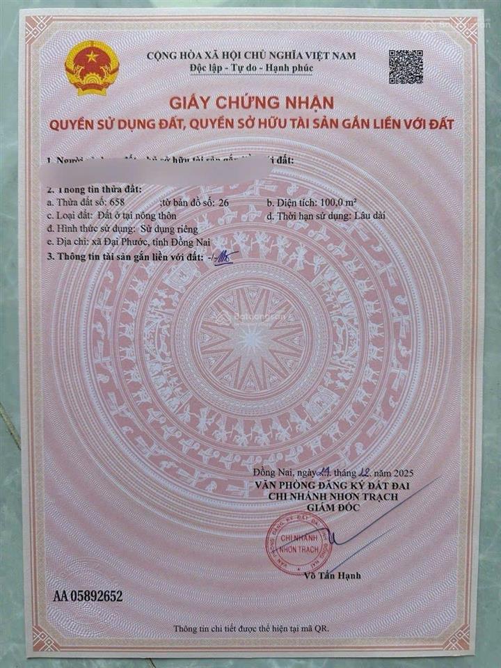 Bán đất hẻm 3 võ thị sáu, 1,85 tỷ, 100m2, pháp lý đầy đủ, giá siêu hời