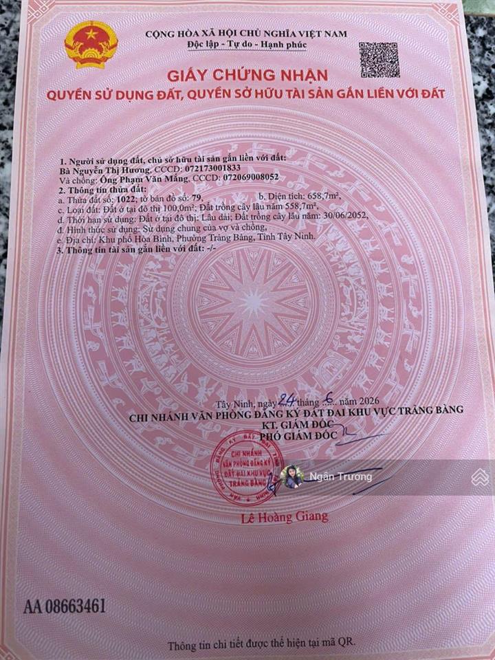 Đất đẹp hòa bình  an hòa trảng bàng, gần kcn thành thành công, 658m²  shr  giá sh 1 tỷ 5