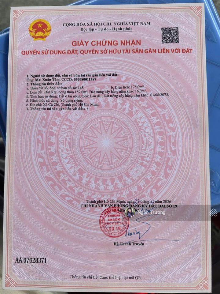 Chủ cần bán gấp lô đất có 159m2 thổ cư giá chỉ 1,1 tỷ  gần bệnh viện củ chi, kcn tây bắc