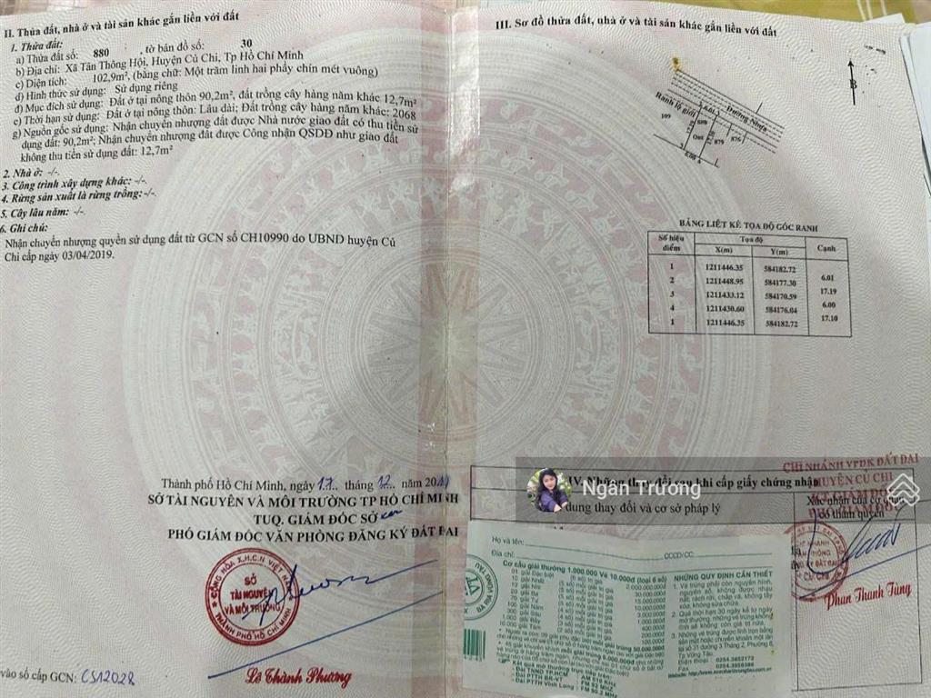 Bán đất mặt tiền đường nhựa nguyễn thị se tân thông hội, củ chi  giá chỉ 1ty6