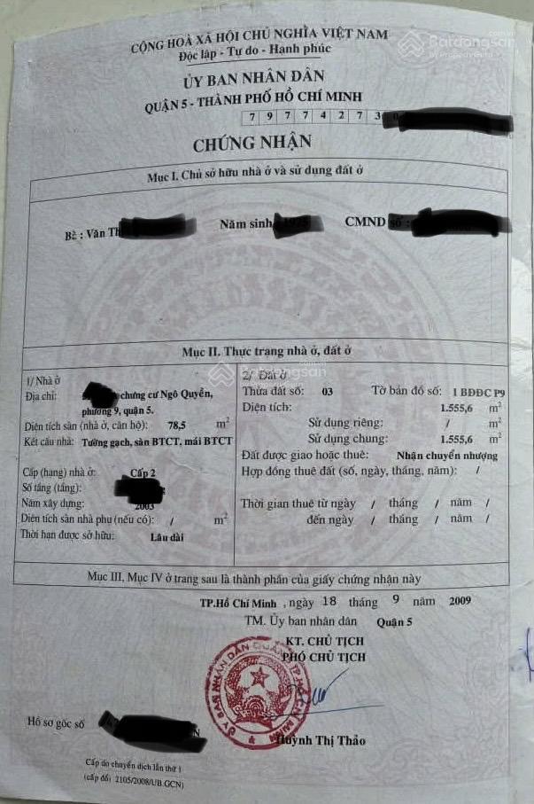 Bán căn hộ chung cư tại ngô quyền  q5. giá 3,8tỷ, 79 m2, 3pn + 2wc, nội thất đầy đủ
