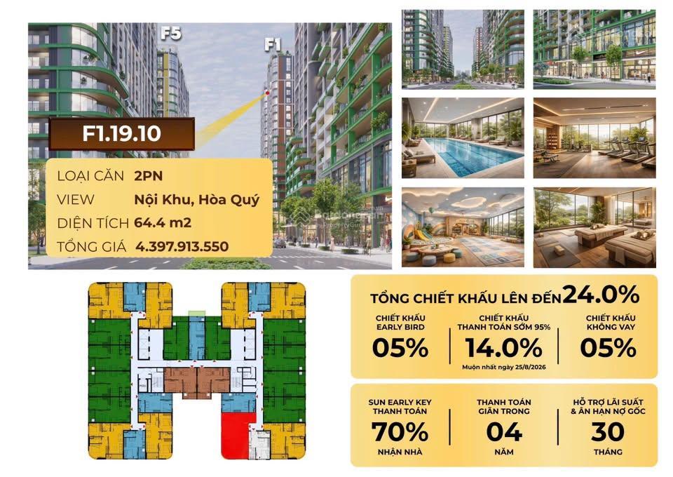 Chỉ hơn 3 tỷ sở hữu căn góc 2pn fours tower ngay trung tâm hòa xuân  đà nẵng