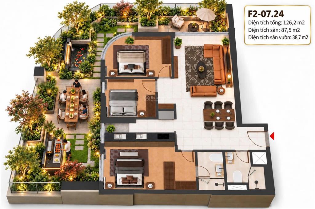 Nổi bật căn sân vườn 3pn 126m2 tầng 7 view pháo hoa view sông