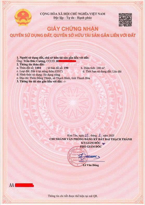 Dưới 5 triệu/m² sở hữu ngay đất thổ cư 148m² thạch thành cũ, sổ đỏ chính chủ, xây ngay