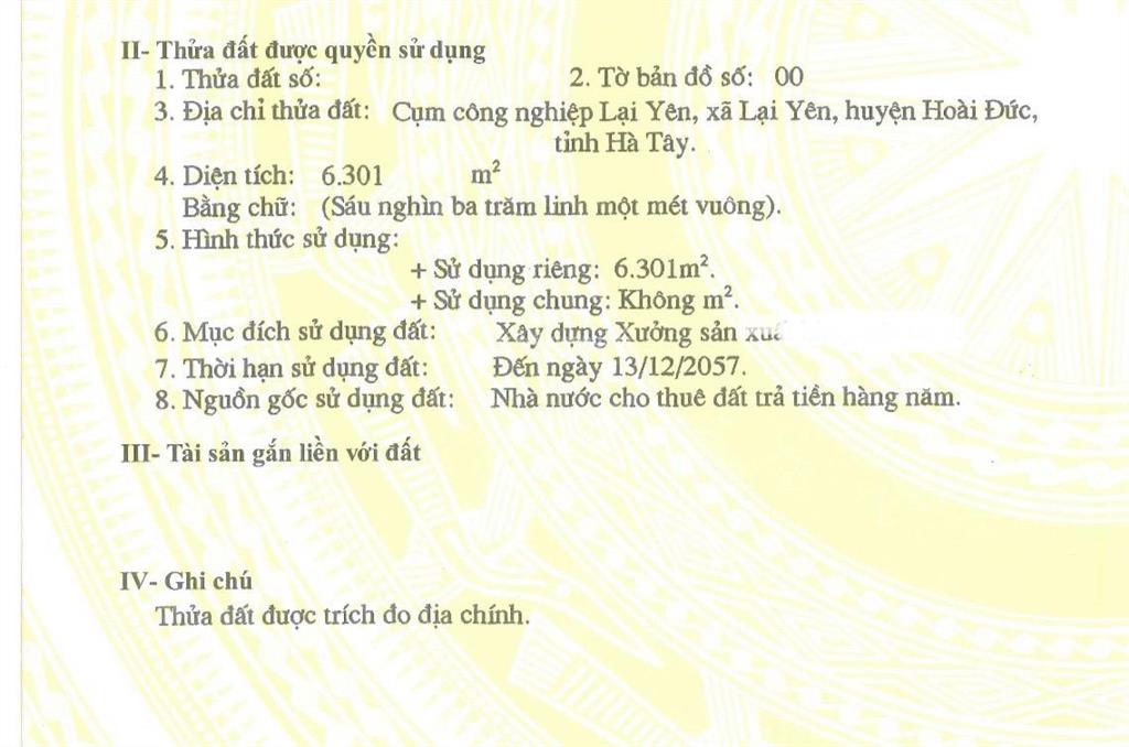 Sang nhượng 6300m đất kho xưởng tại cụm cn lại yên hoài đức