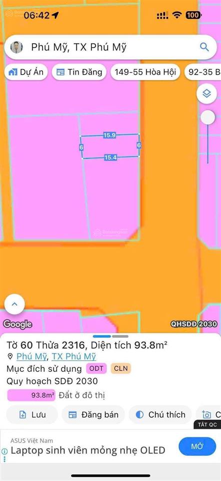 Chính chủ bán đất trung tâm phú mỹ ngang 6m cực hiếm