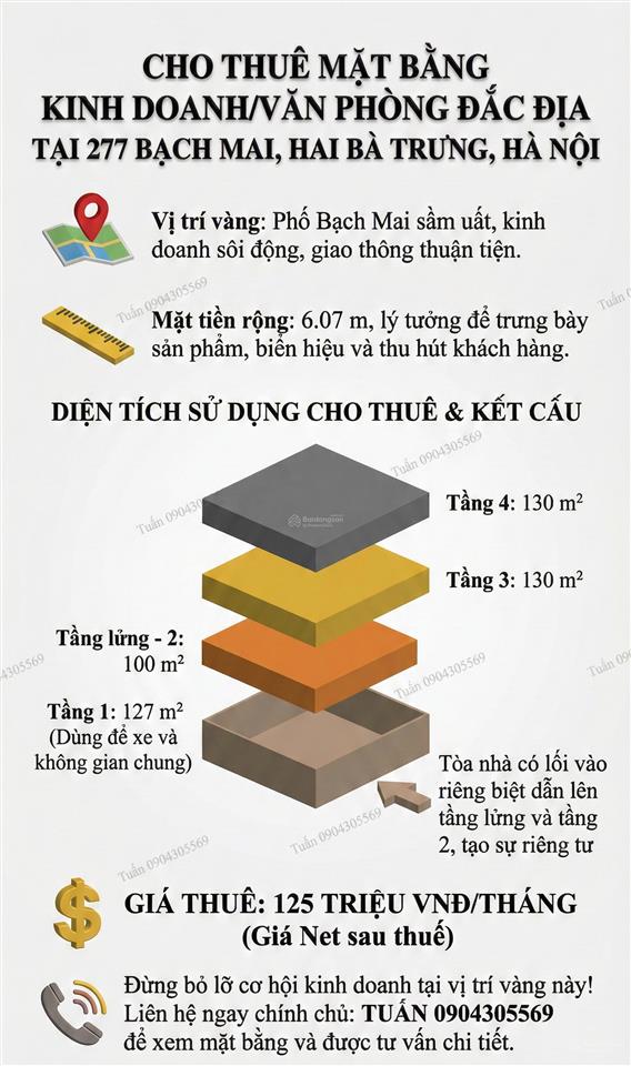 Cho thuê văn phòng 3 tầng + tầng 1 kinh doanh đắc địa tại 277 bạch mai, hai bà trưng, hà nội