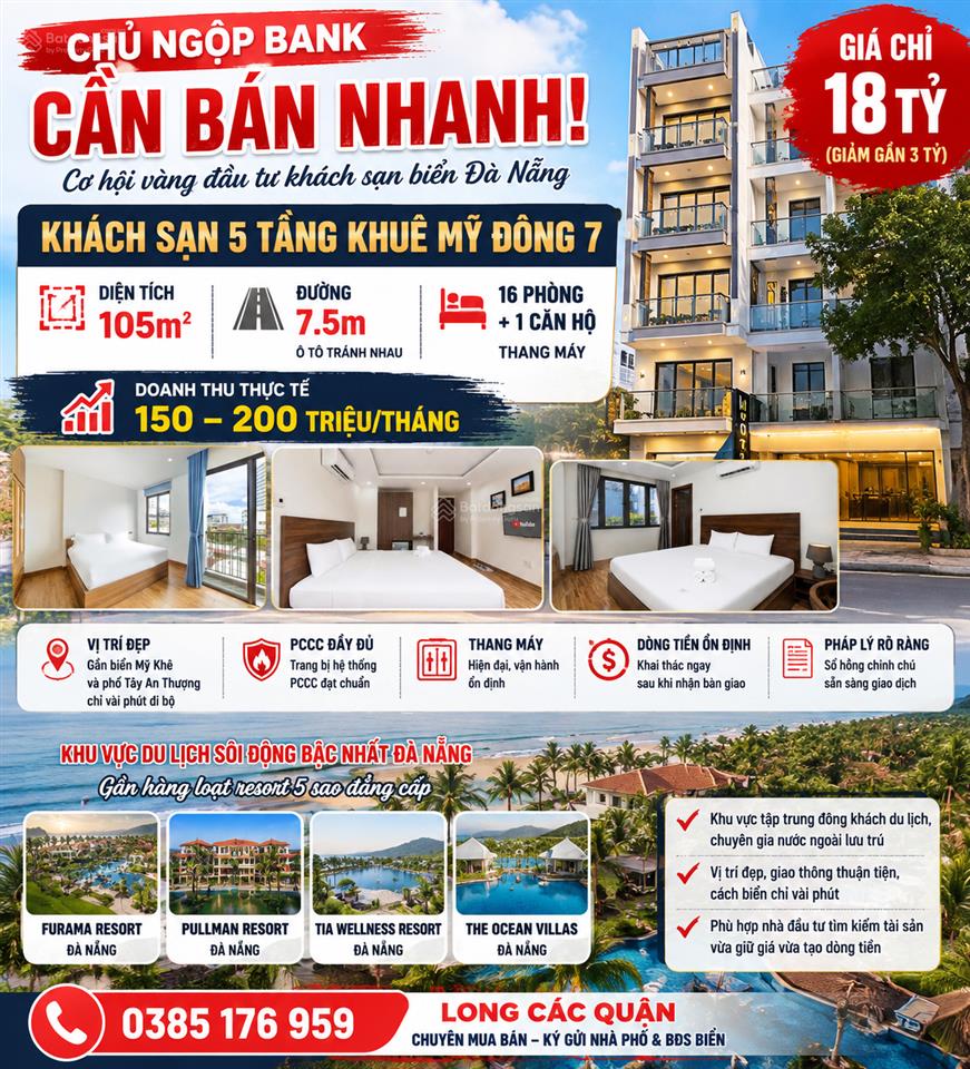 Khách sạn 5 tầng khuê mỹ đông 7 105m đường 7.5m doanh thu 150200 triệu/tháng chỉ 18 tỷ