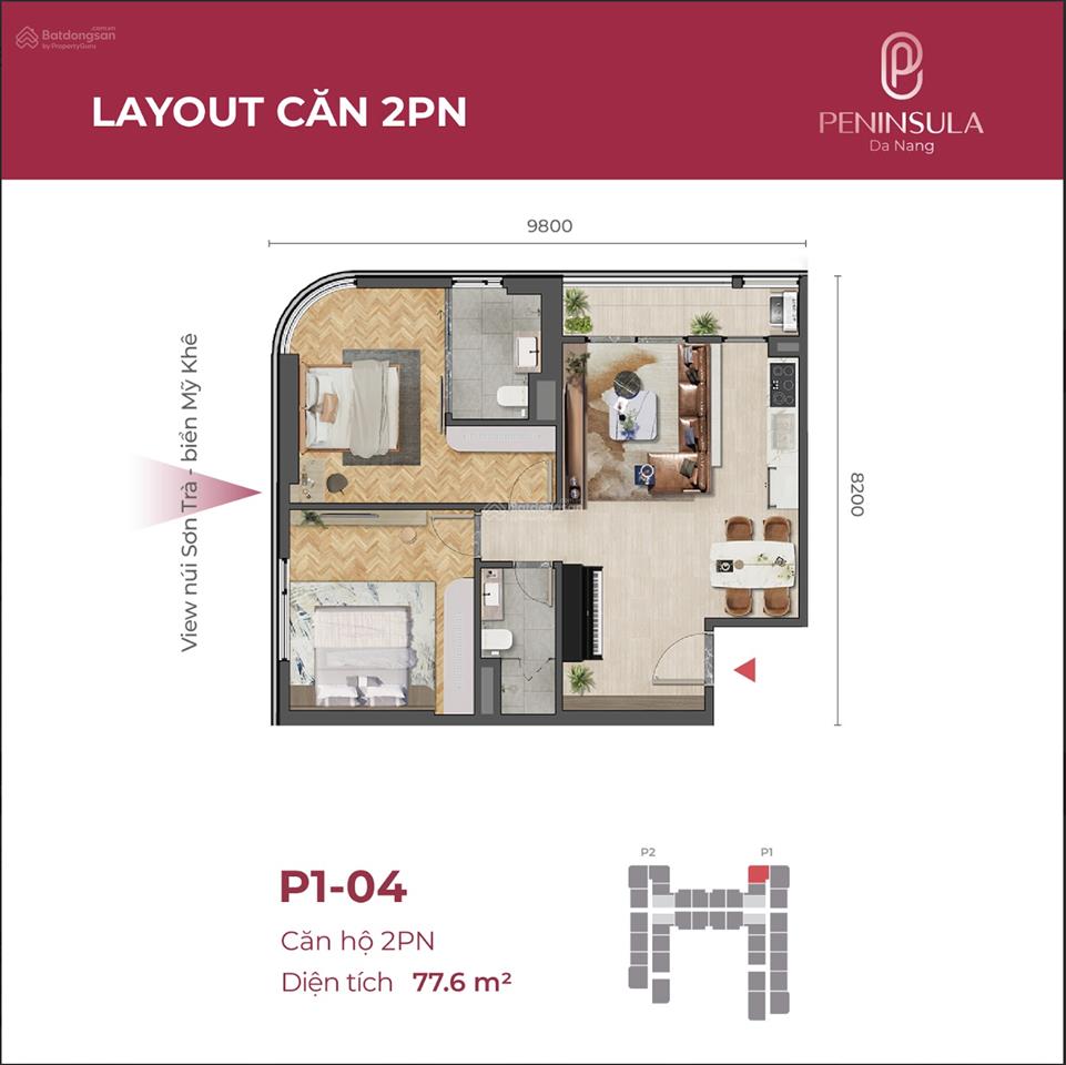 Căn góc 2pn duy nhất giá tốt view đắt giá núi sơn trà & biển mỹ khê  sở hữu lâu dài