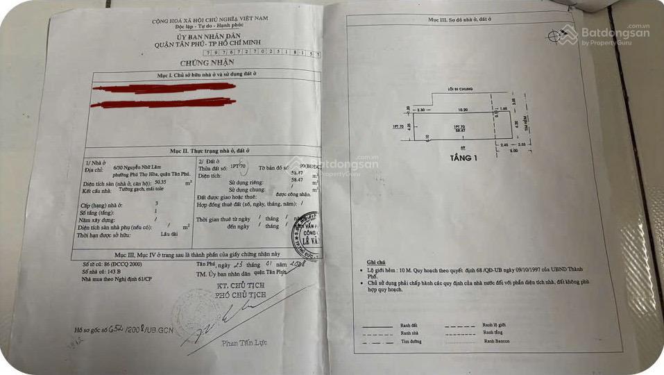 Chính chủ bán nhà hẻm nhựa xe tải 6/30 nguyễn nhữ lãm, phường phú thọ hoà.