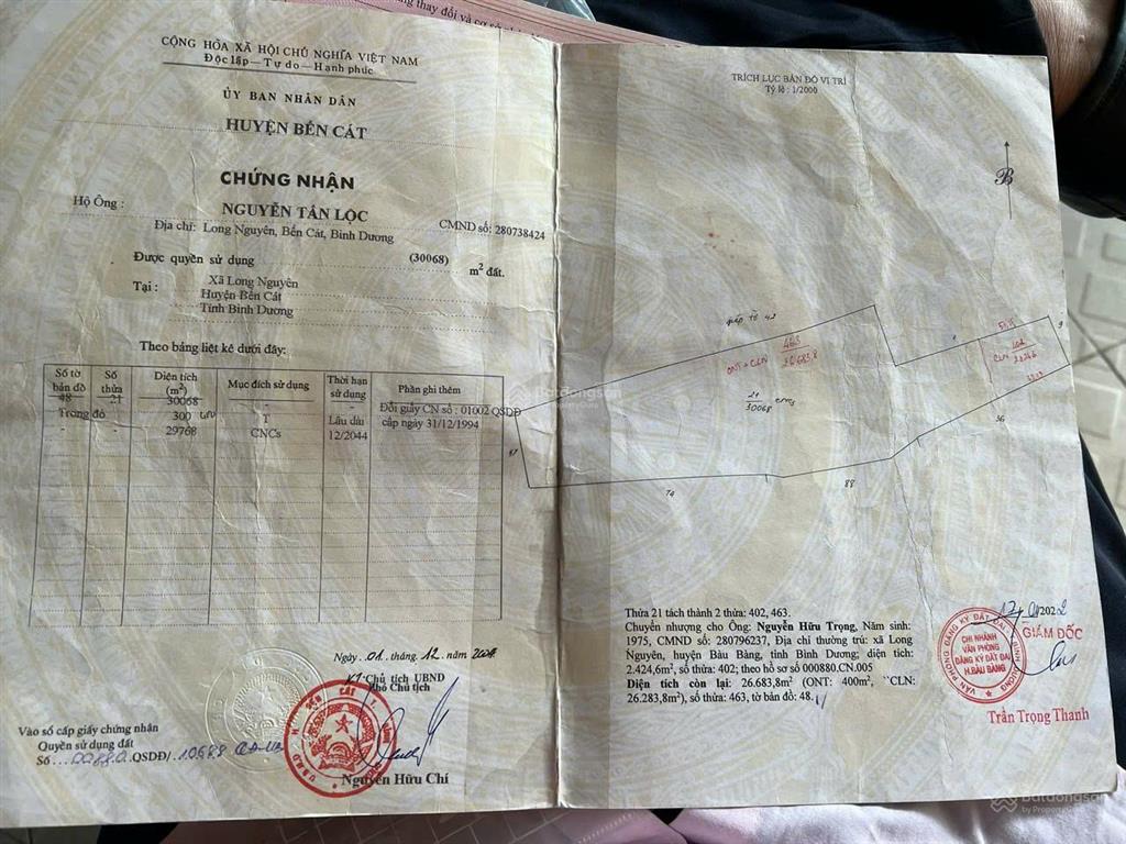 Chính chủ bán lô đất trồng cây lâu năm long nguyên bàu bàng, dt 29788m2 giá 25 tỷ có thương lượng