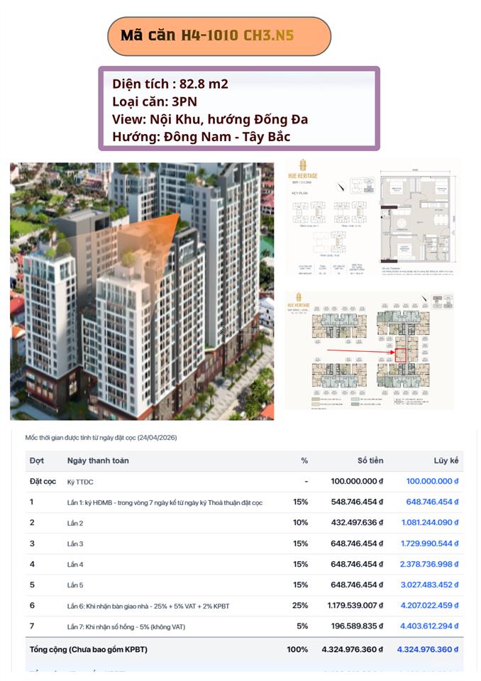 Căn 3pn giá tốt  view nội khu  số lượng hiếm tại hue heritage