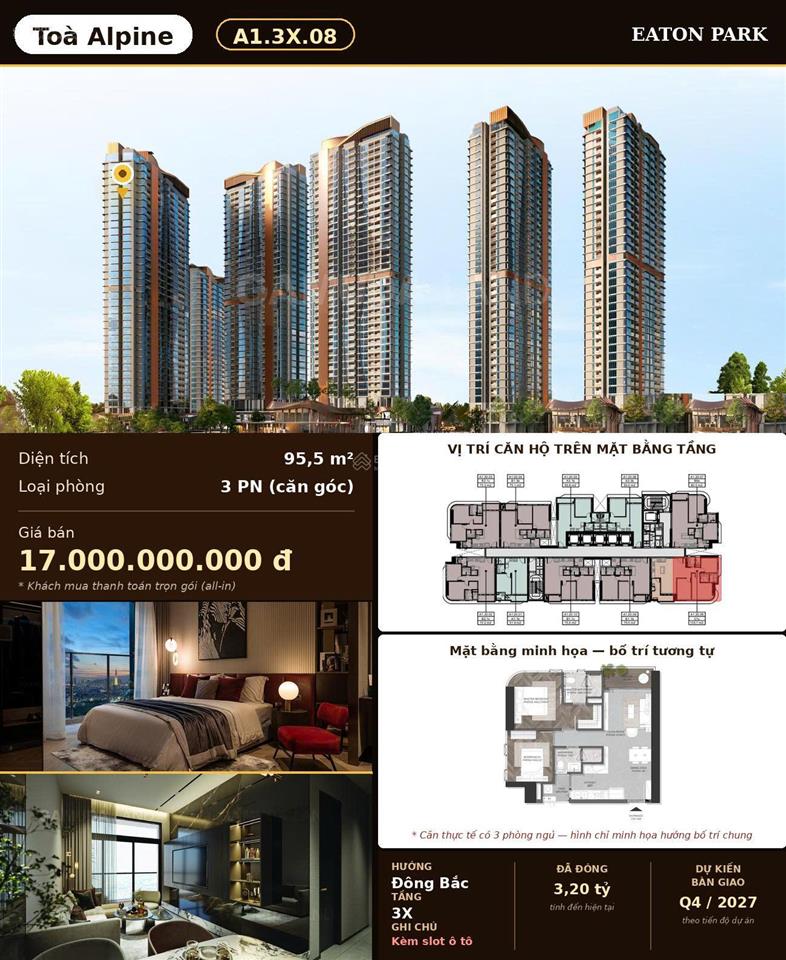 Tháp a1, 3pn giá tốt góc view thoáng, hướng đông bắc, tầng cao 17t all in có slot đậu oto.