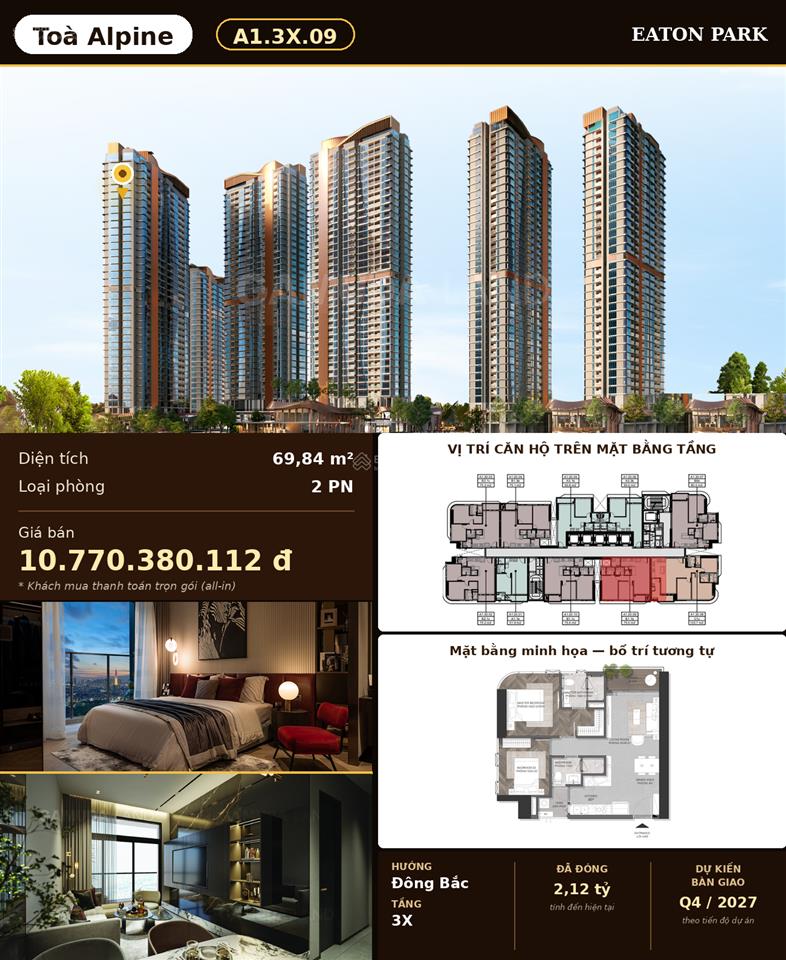 2pn thu hồi vốn giá gốc 10,77 tỷ tầng cao, view thoáng