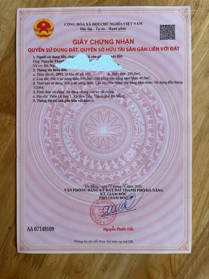 Cần bán lô đất mặt tiền 7m tại chợ lệ trạch  xã hoà tiến  tp đà nẵng
