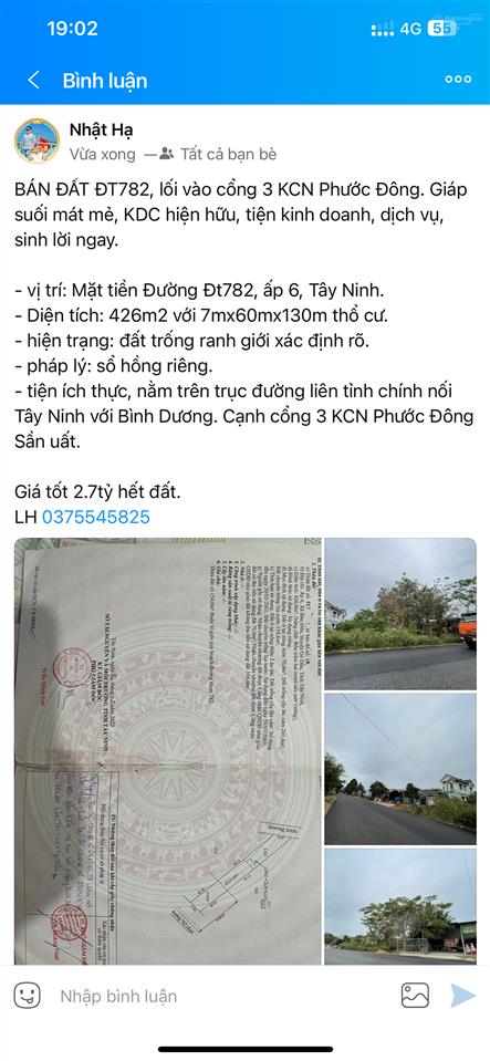 Bán đất tại đường đt 782, xã bàu đồn, huyện gò dầu, tây ninh, 2,7 tỷ, 426m² giá siêu hời