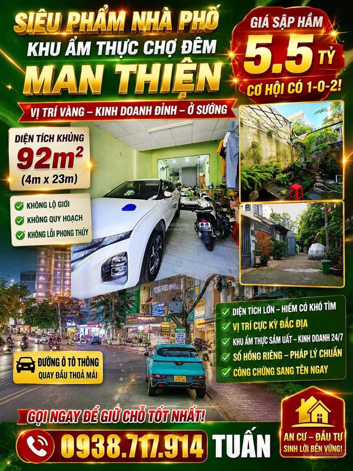 Bán nhà phố dt khủng 92m² đường man thiện tăng nhơn phú a quận 9. đường ôtô thông. giá 5.5 tỷ tl