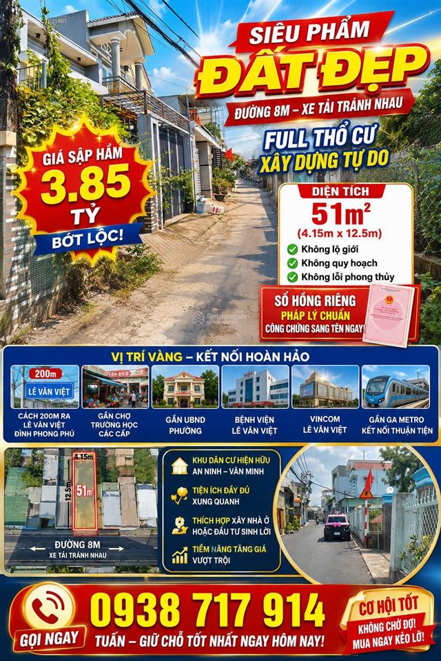 Đất nền thủ đức  quận 9 gần ga metro giá rẻ. đất thổ cư 100%. đường ôtô. giá cạnh tranh 3.85 tỷ tlcc.