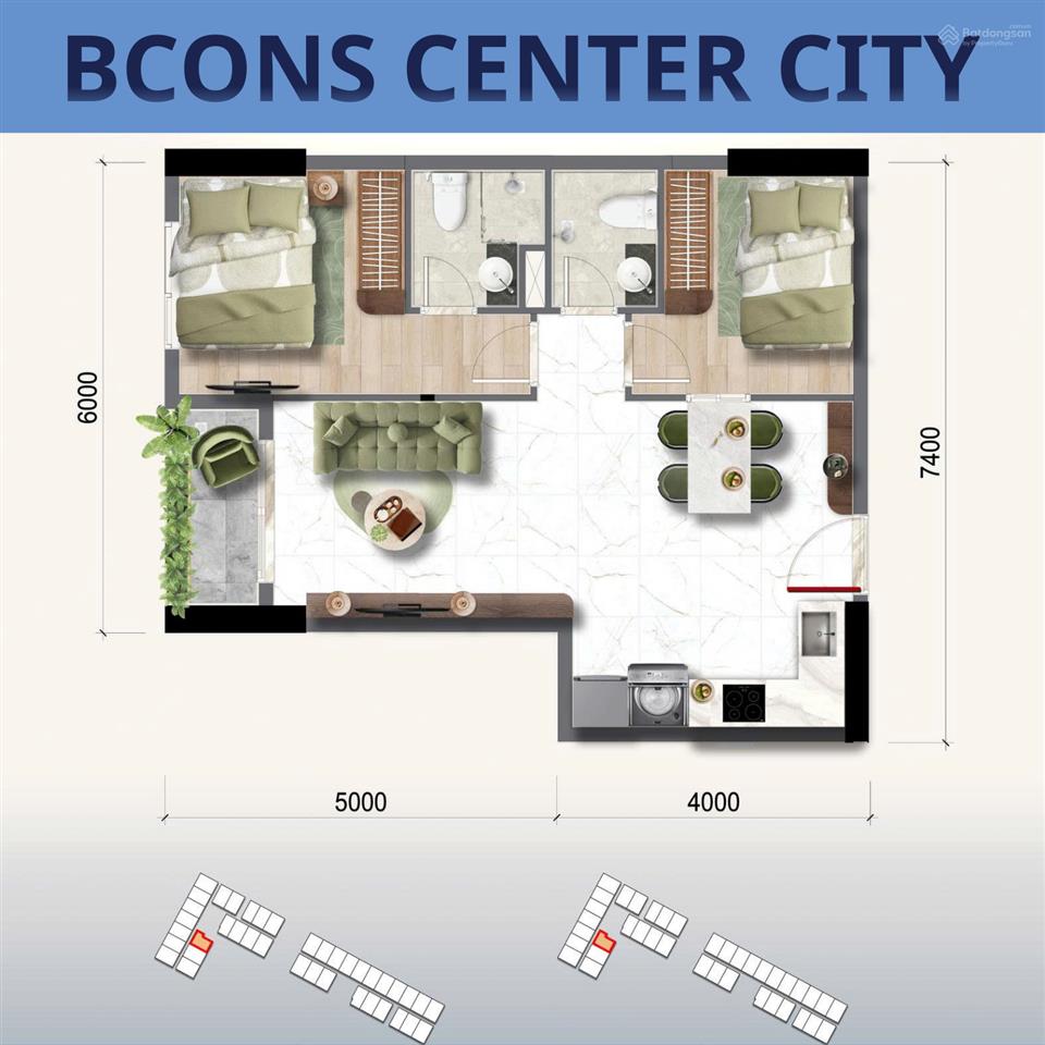 Bcons center city  căn 2pn2wc duy nhất mã 01 tầng 08 giá f0 chủ đầu tư view nội khu đông nam