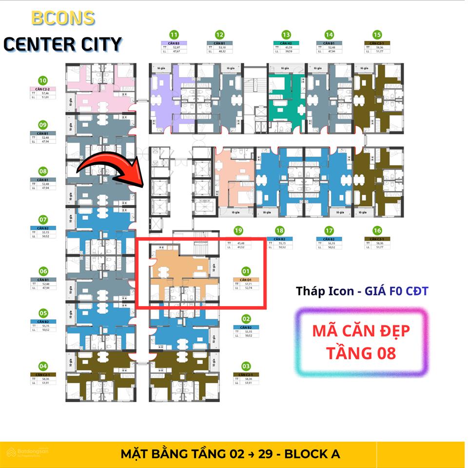 Bcons center city  căn 2pn2wc duy nhất mã 01 tầng 08 giá f0 chủ đầu tư view nội khu đông nam